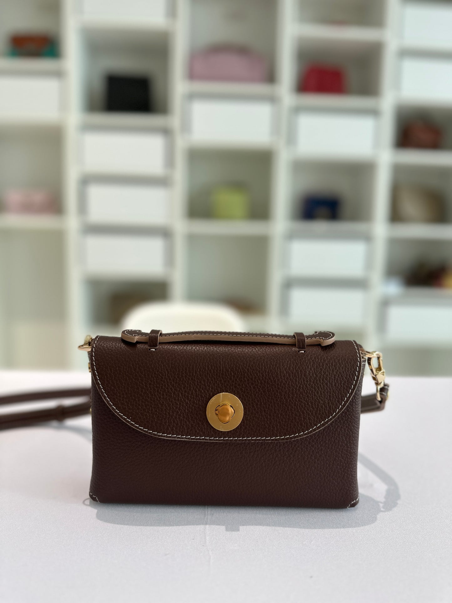 Sumi Crossbody Clutch Bag in Palisander with Gold Lock (with beige edge)