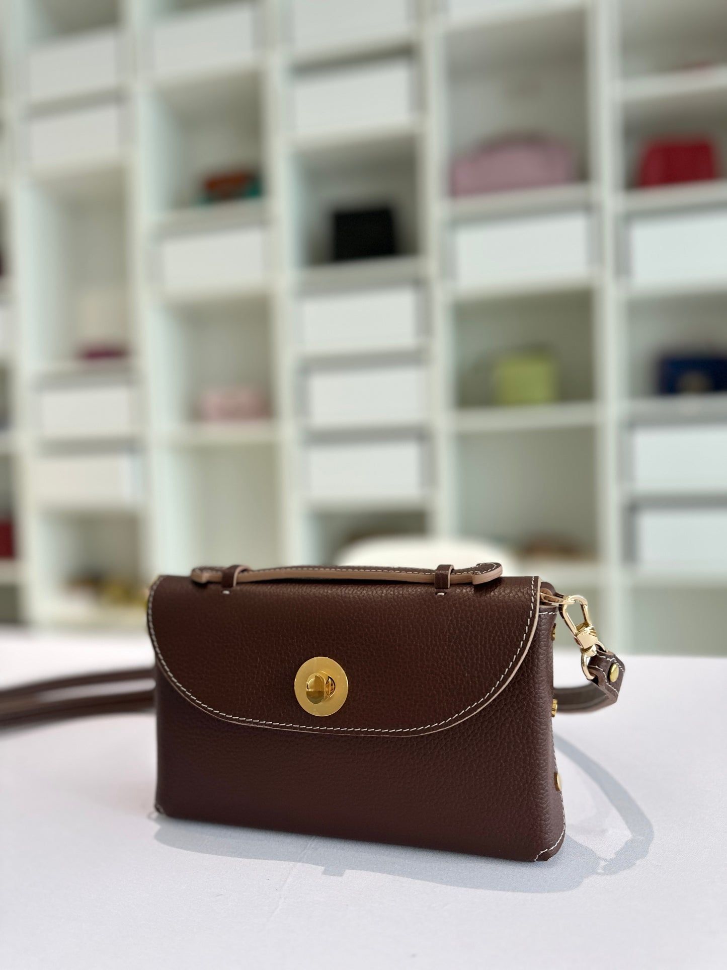 Sumi Crossbody Clutch Bag in Palisander with Gold Lock (with beige edge)