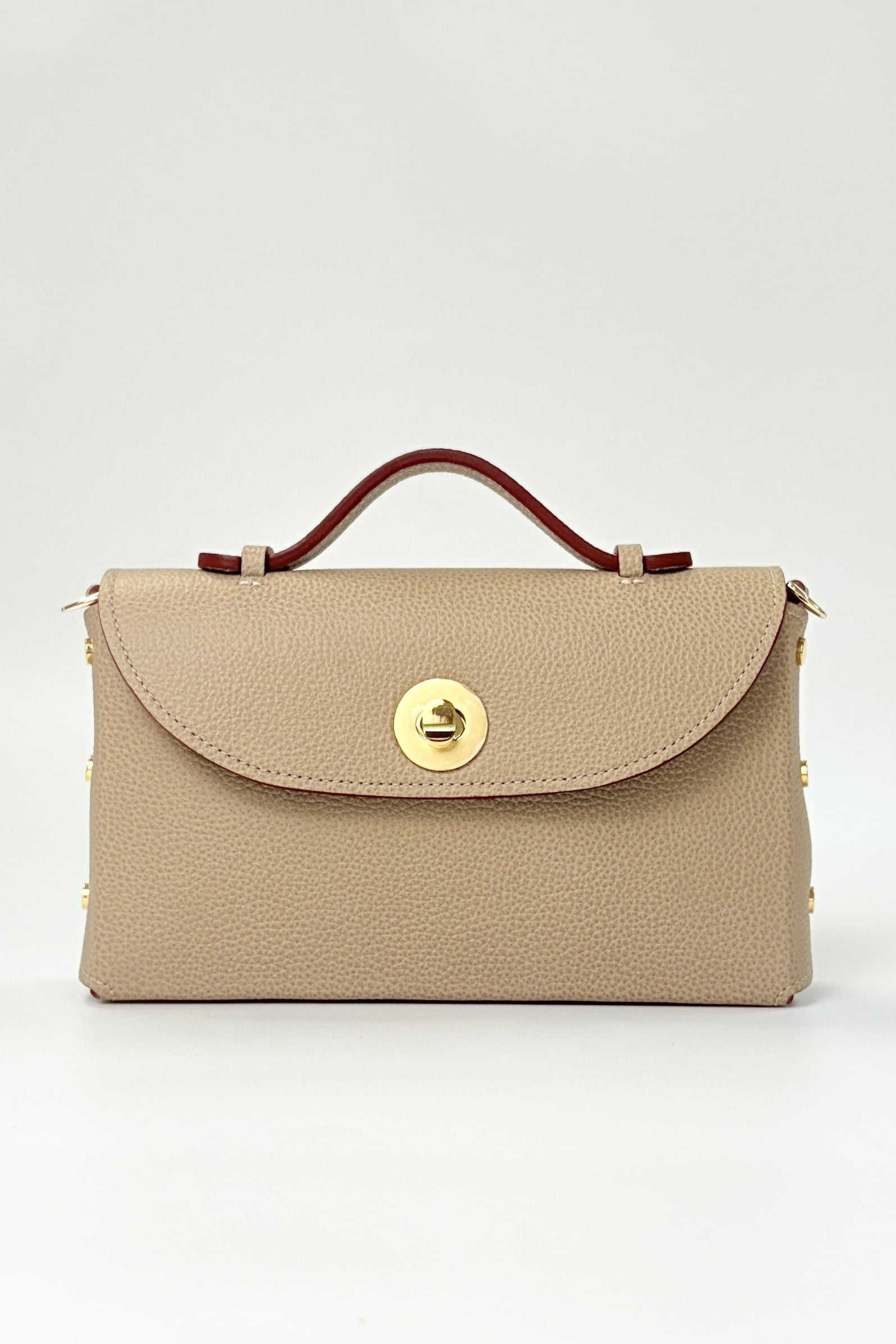 Beige handbag with a gold clasp on a white background