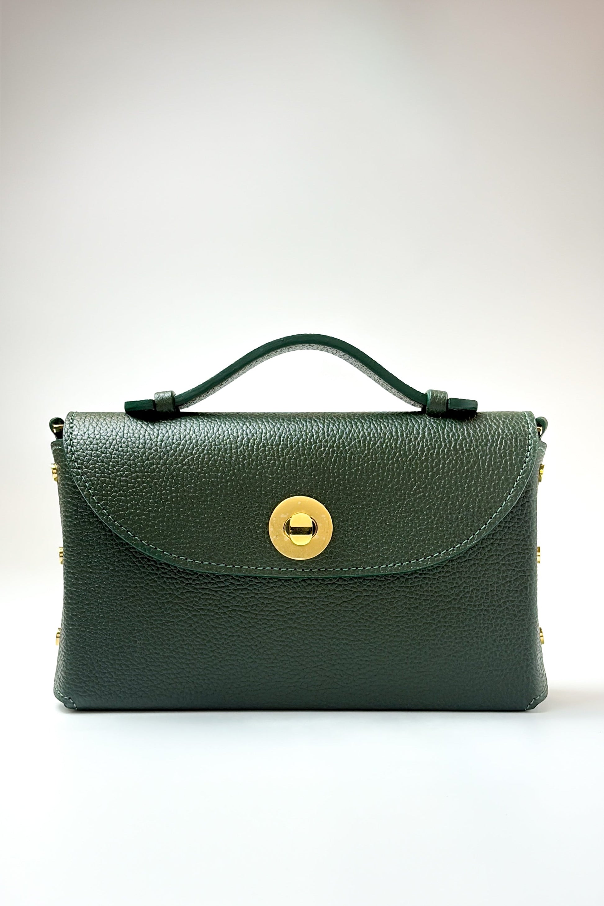 Green handbag with a gold clasp on a white background