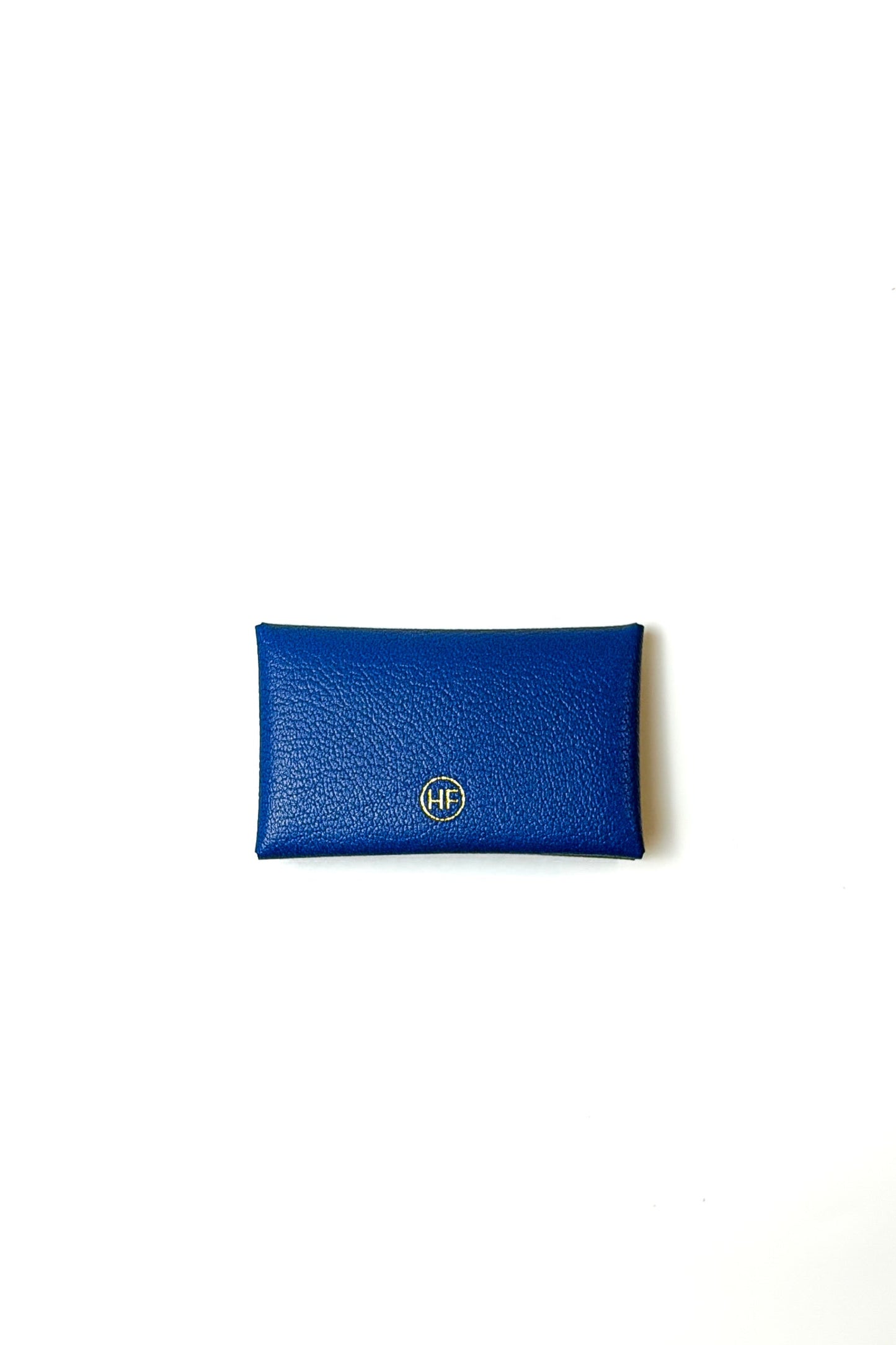 Blue pouch with a brand logo on a white background